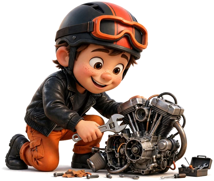 Mascote Max Motos consertando um motor